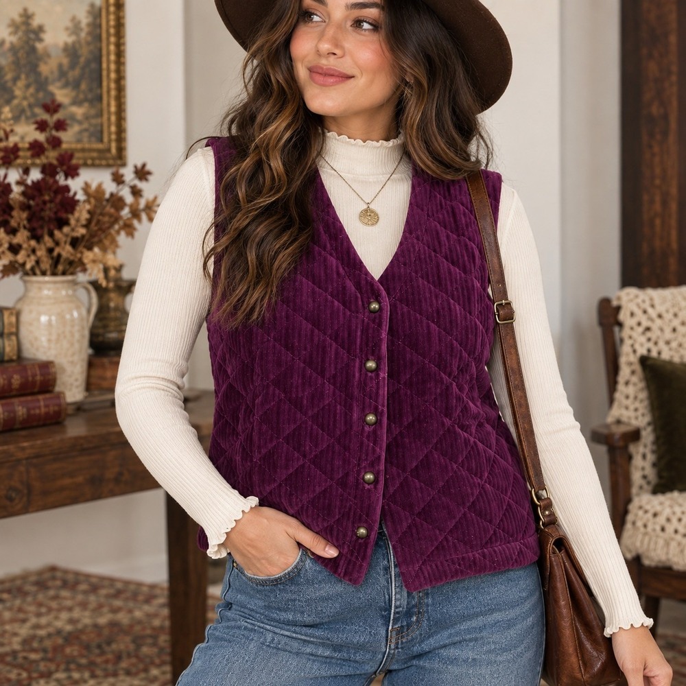 Vtg 90s Purple Corduroy Quilted Vest L Plush Cottagecore Fall Layering Cozy Chic